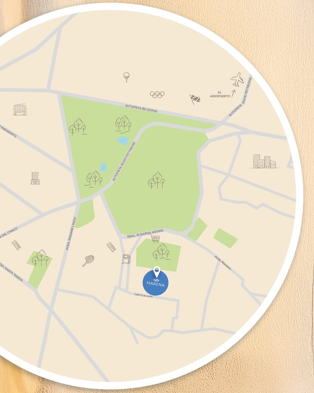 Mapa de ubicación de Marena sobre la calle 12 de Junio en Luque, cerca del Parque Ñu Guasu y la Autopista Silvio Pettirossi.
