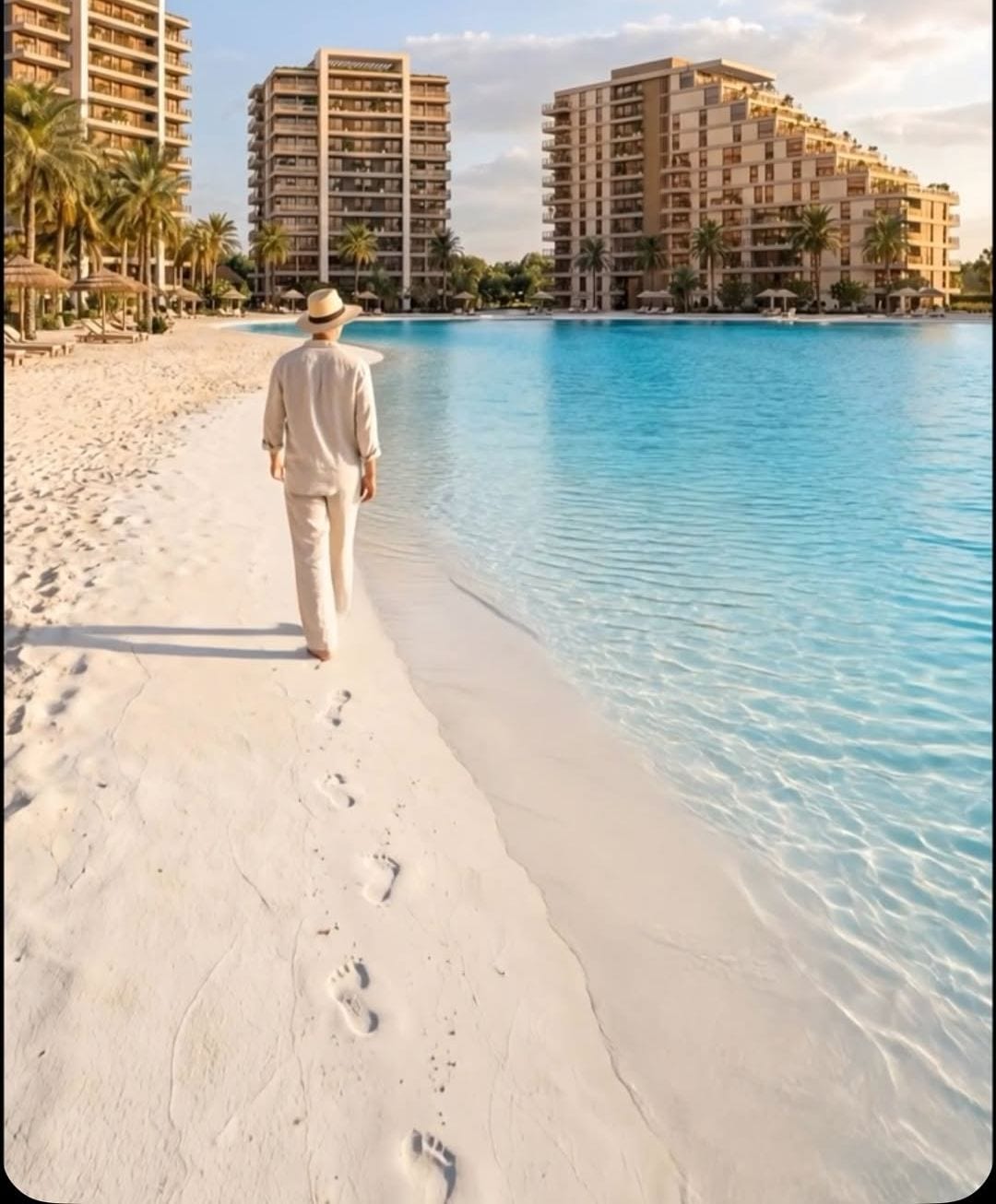 Render de la playa de arena blanca y la laguna cristalina de Marena, con las torres residenciales al fondo.